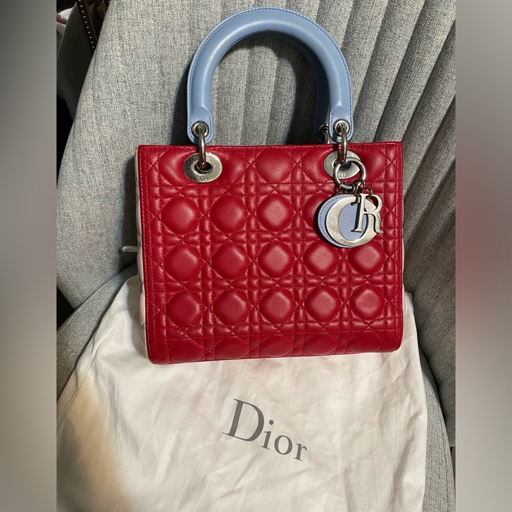 CHRISTIAN DIOR Lambskin Cannage Medium Tri-Color Lady Dior Red